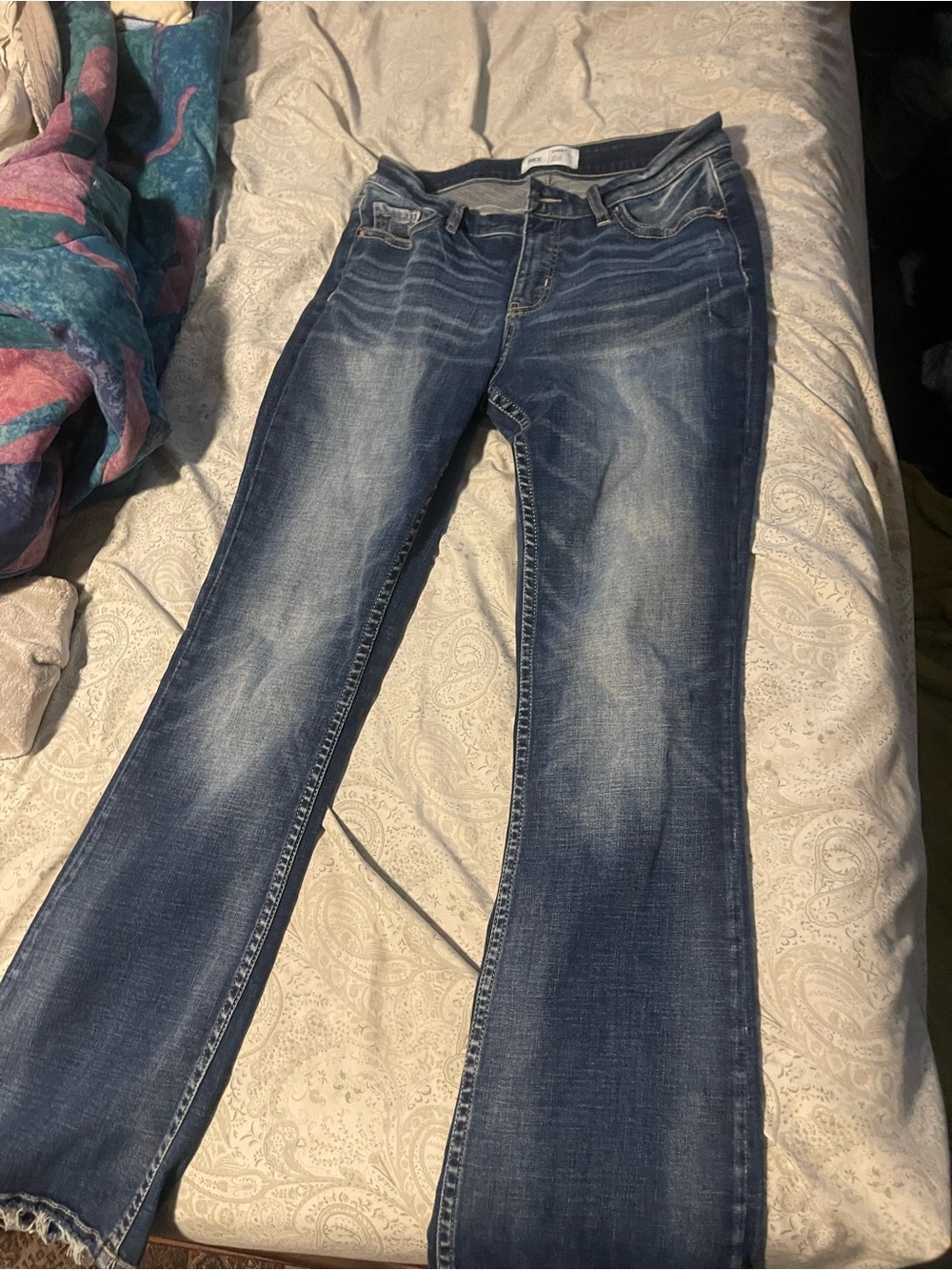 BKE Women's Dark Blue Flare Jeans with Faded Whiskering